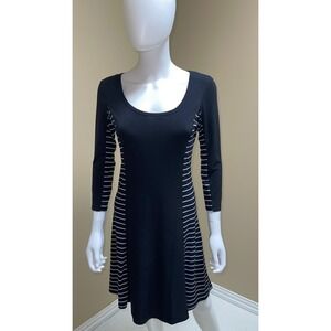 Calvin Klein Womens Black Dress B/W Striped Panels Scoop Neck 3/4 Sleeve Size 4
